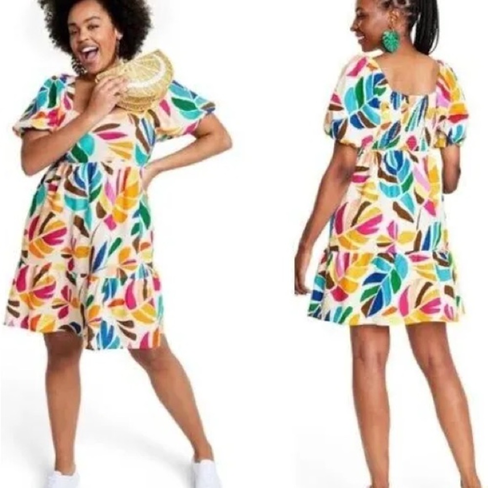 Tabitha Brown  SIZE XS Multicolor Botanical Print Puff Sleeve Mini Dress - Picture 3 of 7